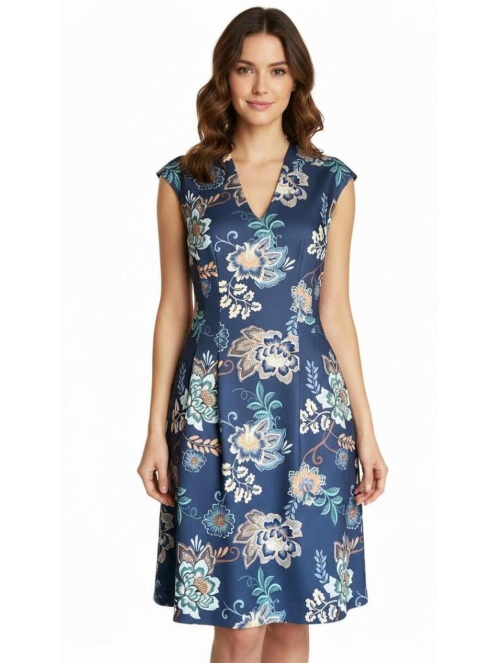 Vince Camuto Floral Scuba Crepe Sheath Dress Blue Pink V-Neck Sleeveless NWT